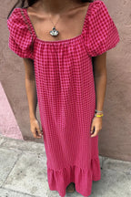 SYNZ Gingham Check Bubble Sleeve Ruffled Maxi Dress - LoveNest Treasures