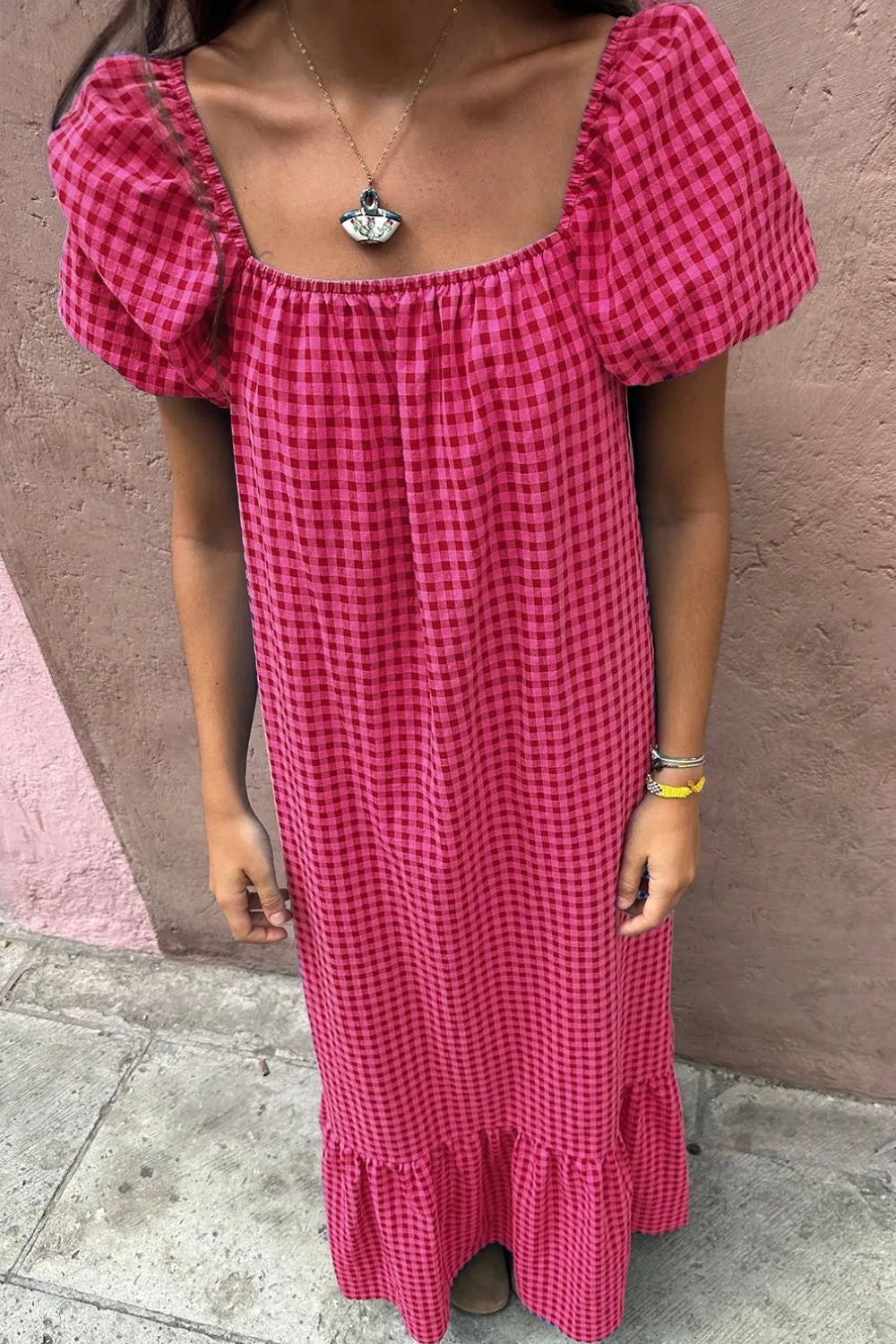 SYNZ Gingham Check Bubble Sleeve Ruffled Maxi Dress - LoveNest Treasures