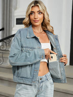 Rhinestone & Peal Trim Button Down Long Sleeve Denim Jacket - LoveNest Treasures
