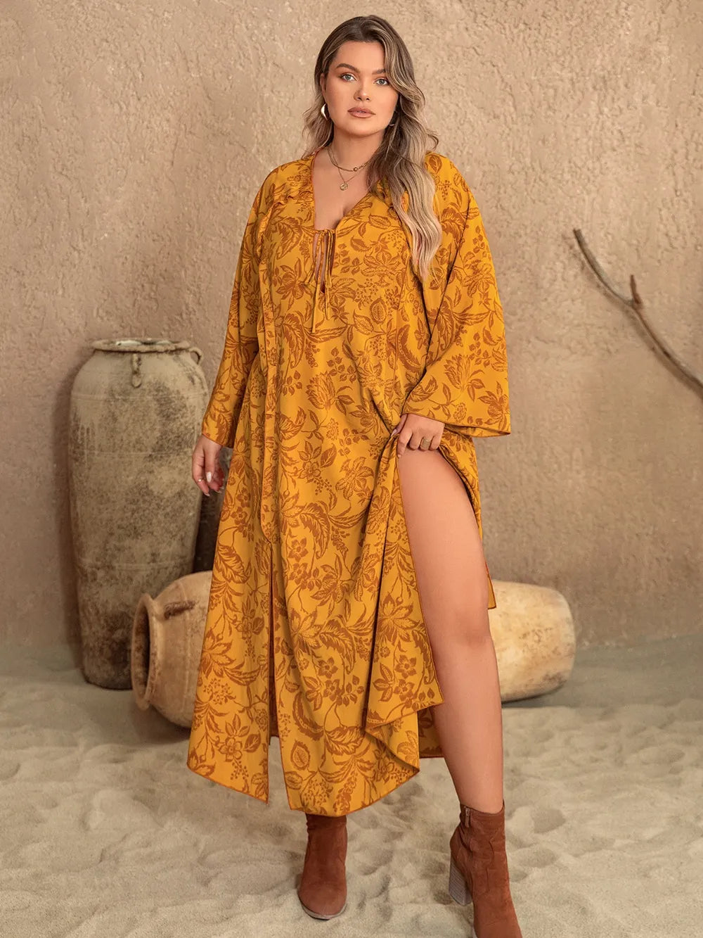 Plus Size Printed Slit Long Sleeve Dress - LoveNest Treasures
