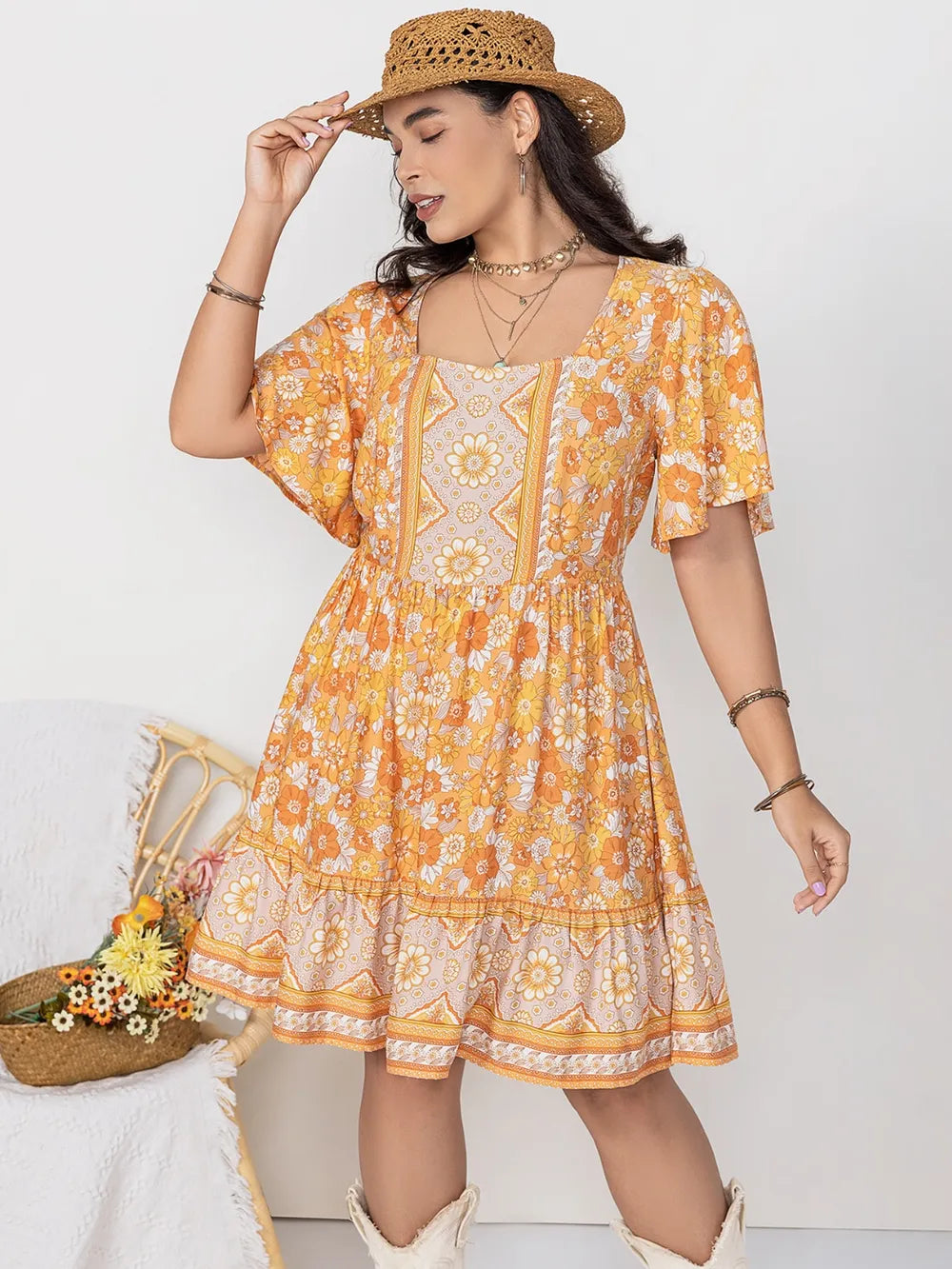 Plus Size Printed Square Neck Short Sleeve Dress - LoveNest Treasures