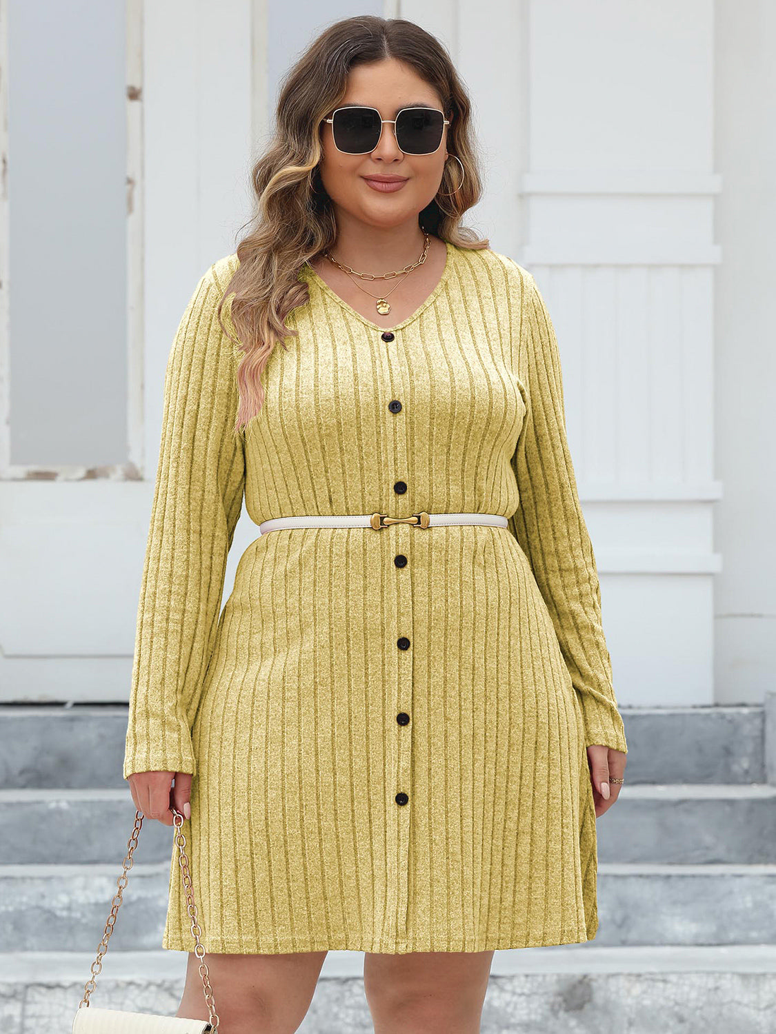 Plus Size Ribbed Buttoned V-Neck Long Sleeve Dress - LoveNest Treasures