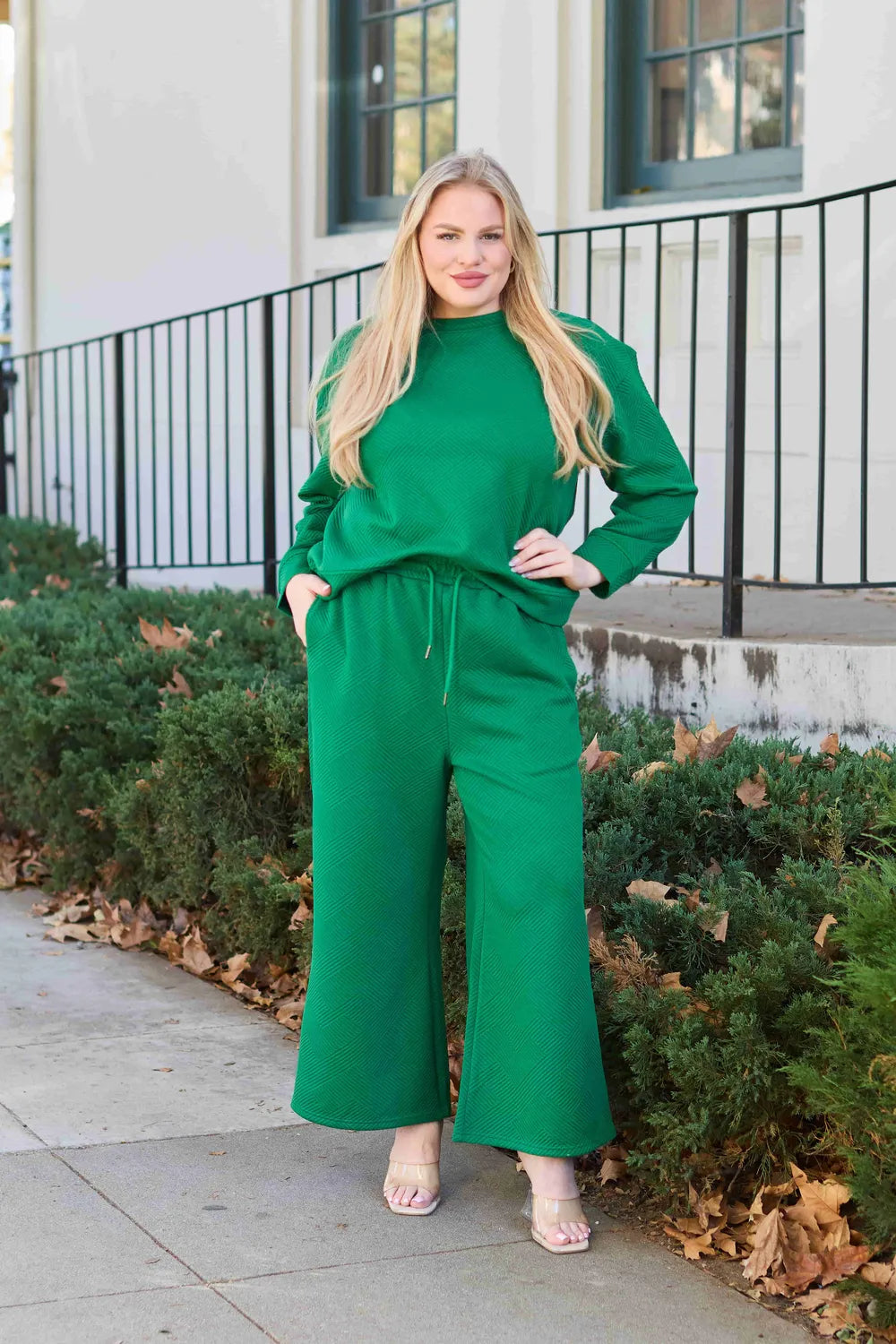 Double Take Full Size Textured Long Sleeve Top and Drawstring Pants Set - LoveNest Treasures