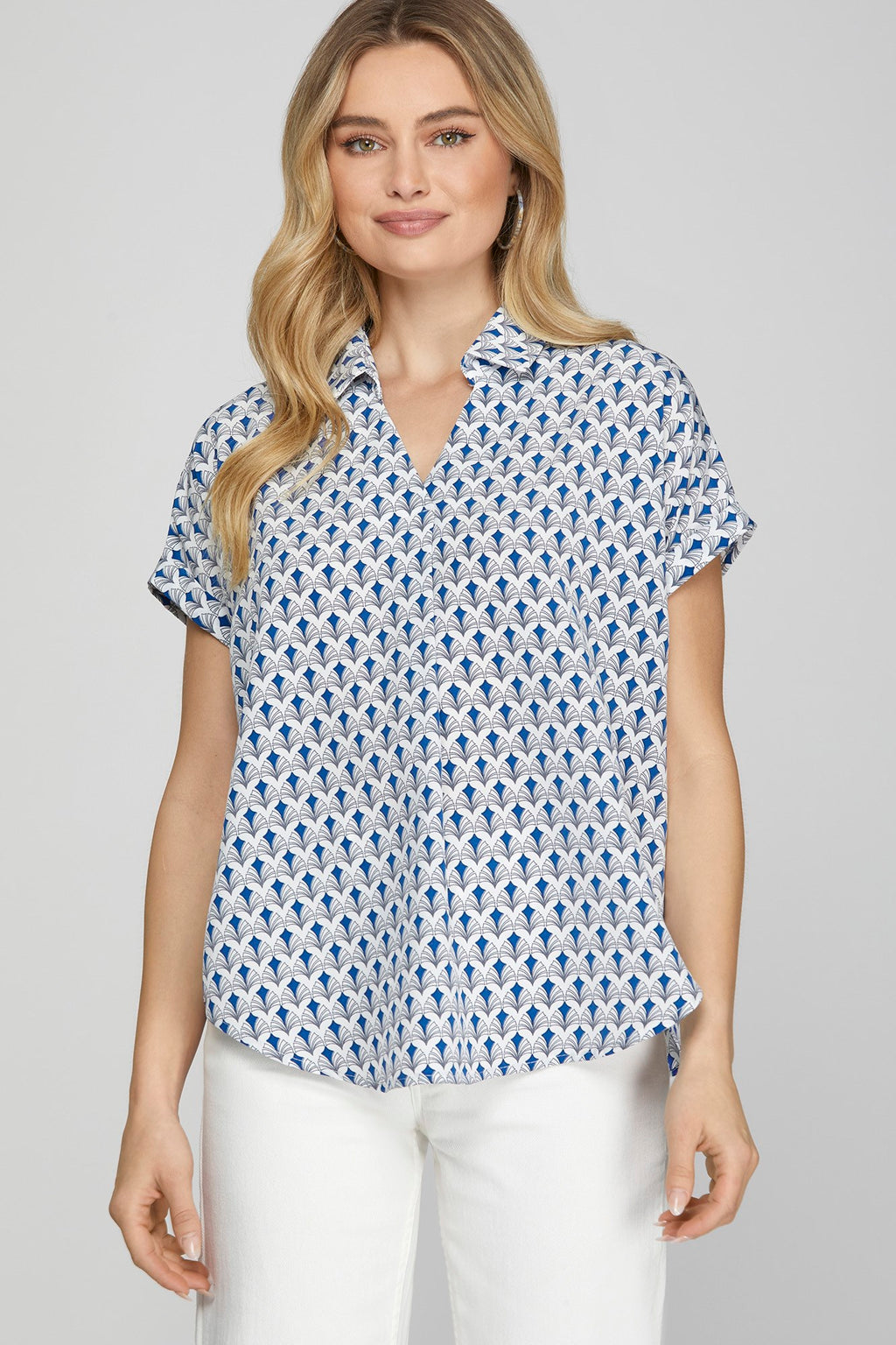 She + Sky Full Size Printed Johnny Collar Short Sleeve Blouse Plus Size - LoveNest Treasures
