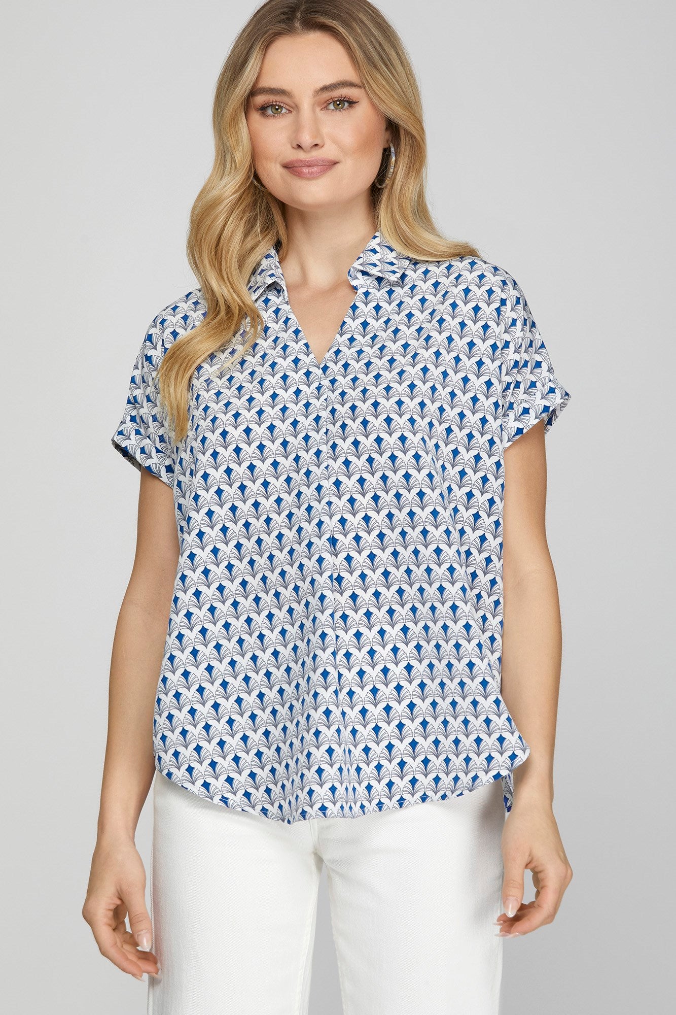 She + Sky Full Size Printed Johnny Collar Short Sleeve Blouse Plus Size - LoveNest Treasures