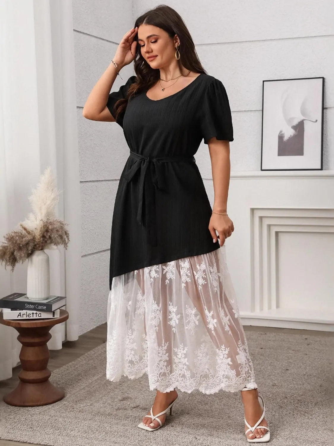 Plus Size Lace Patchwork Short Sleeve Maxi Dress - LoveNest Treasures