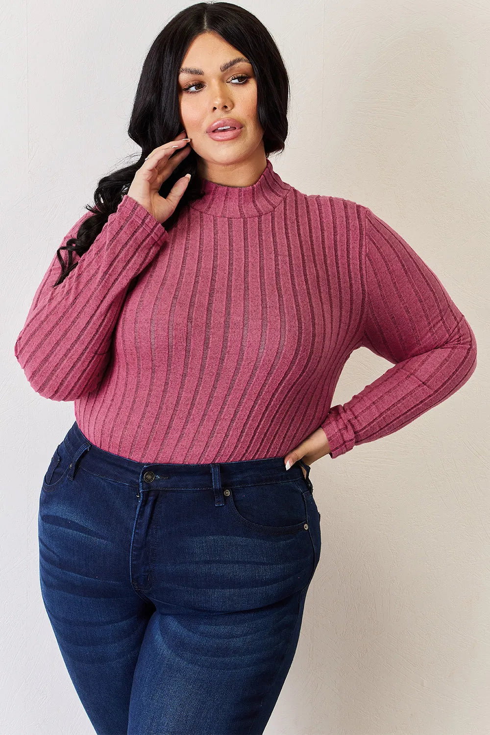 Basic Bae Full Size Ribbed Mock Neck Long Sleeve T-Shirt - LoveNest Treasures
