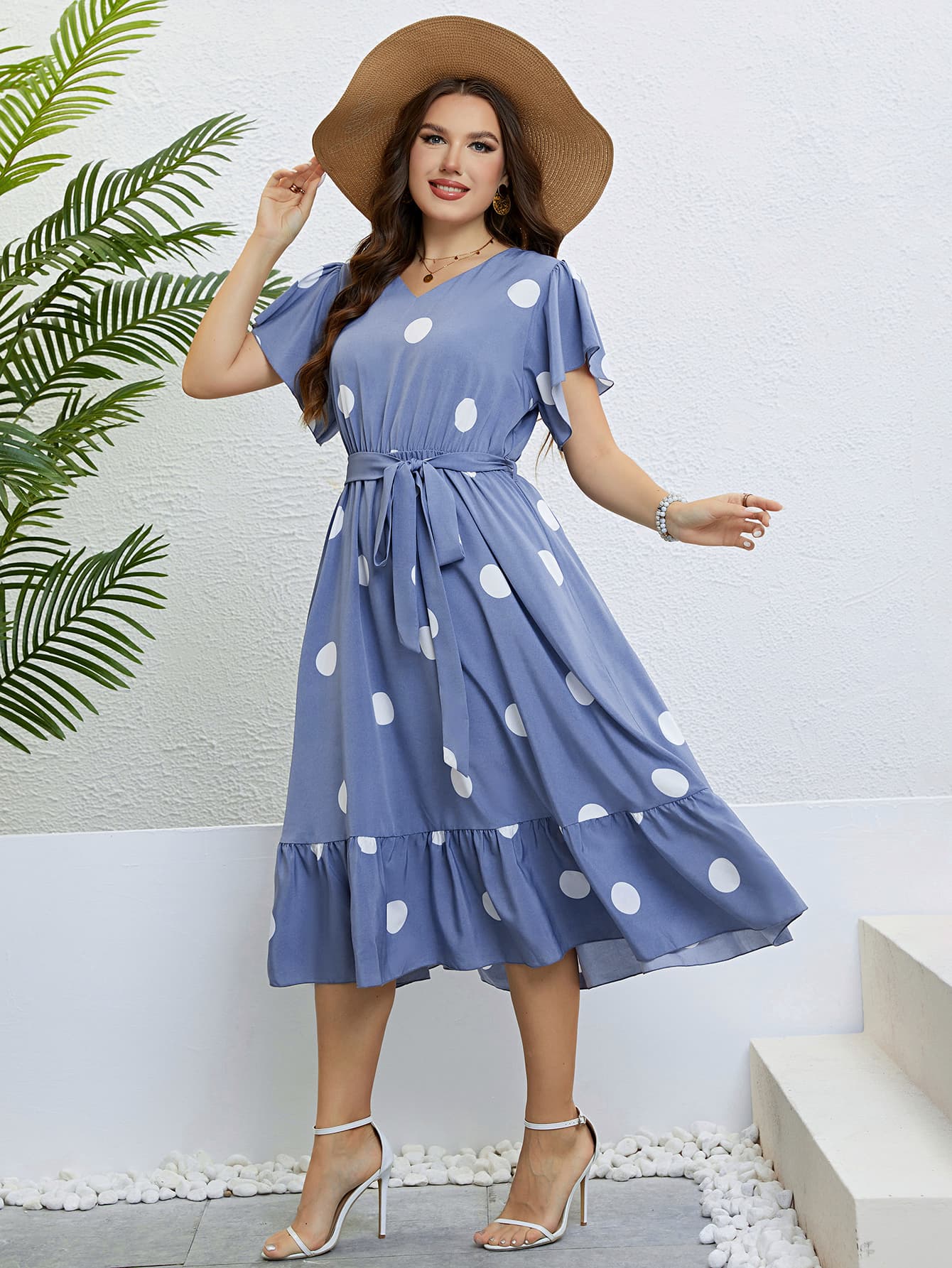 Honey Polka Dot Belted Flutter Sleeve Ruffle Hem Dress - LoveNest Treasures