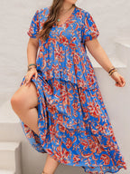 Plus Size Ruffled Printed V-Neck Short Sleeve Maxi Dress - LoveNest Treasures