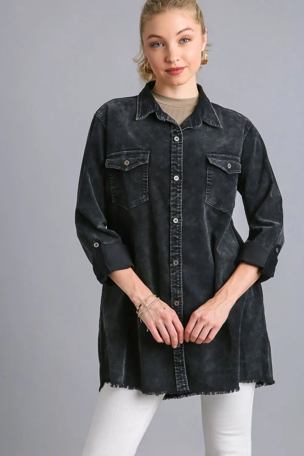 Umgee Raw Hem Button Down Denim Jacket with Chest Pockets - LoveNest Treasures
