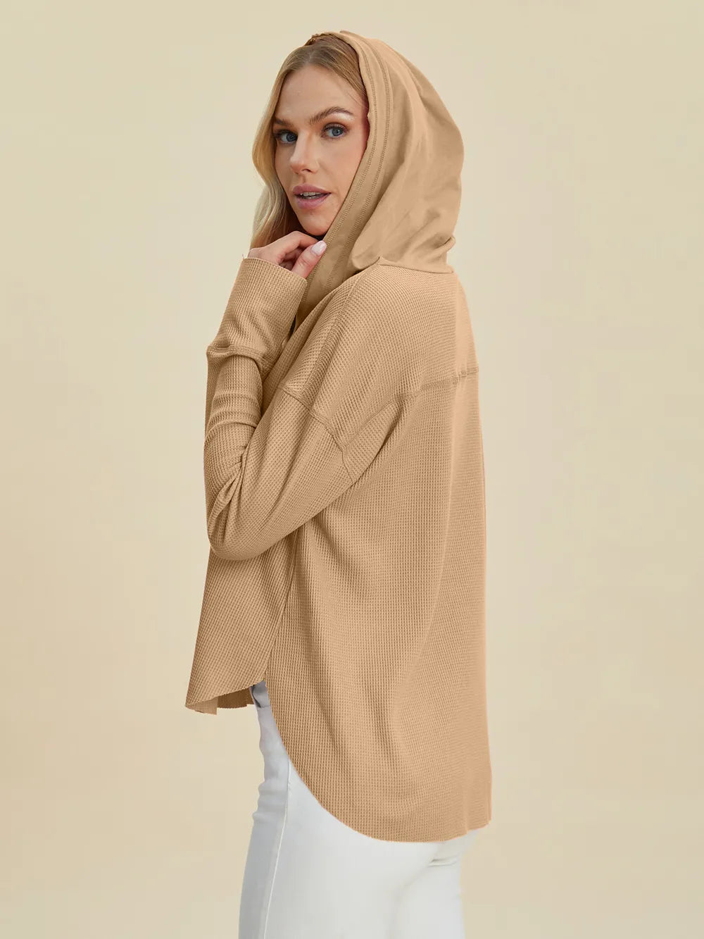 Double Take Full Size High-Low Dropped Shoulder Long Sleeve Hoodie - LoveNest Treasures