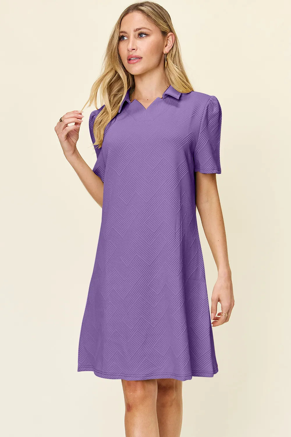 Double Take Full Size Texture Collared Neck Short Sleeve Dress - LoveNest Treasures