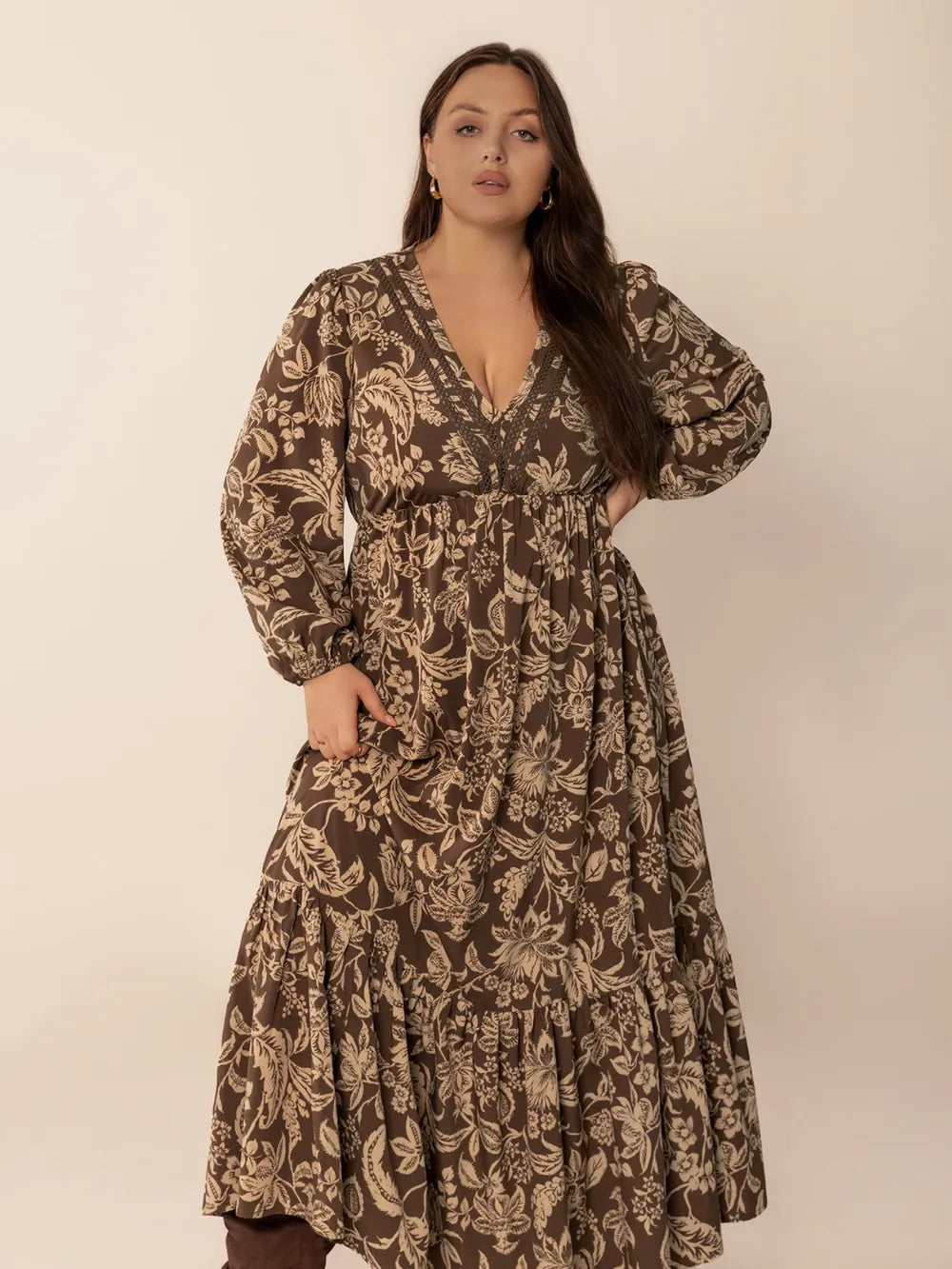 Plus Size Printed V-Neck Balloon Sleeve Maxi Dress - LoveNest Treasures