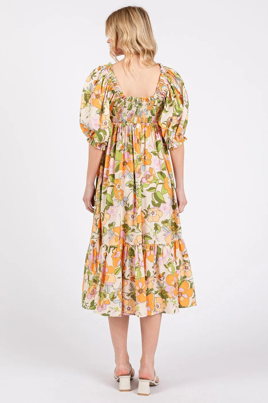 Mittoshop Flower Print Puff Sleeve Ruffle Smocked Midi Dress - LoveNest Treasures