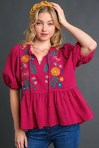 Umgee Full Size Cotton Gauze Floral Embroidery Babydoll Blouse Plus Size - LoveNest Treasures