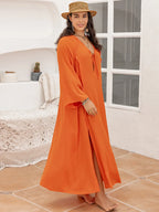 Plus Size Tie Neck Long Sleeve Slit Dress - LoveNest Treasures
