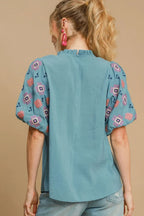 Umgee Full Size Embroidered Puff Sleeve Mock Neck Top Plus Size - LoveNest Treasures