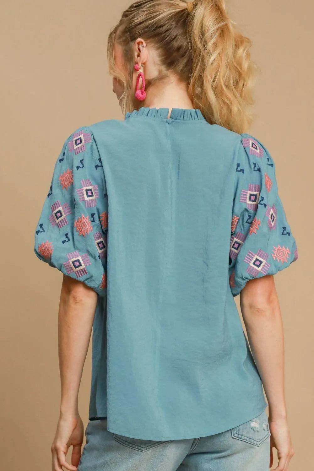 Umgee Full Size Embroidered Puff Sleeve Mock Neck Top Plus Size - LoveNest Treasures