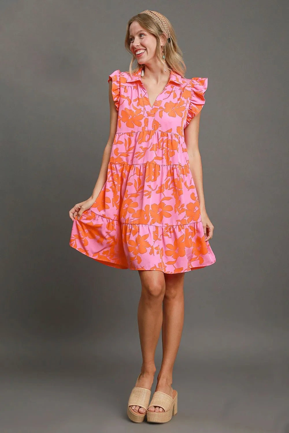 Umgee Full Size Floral Print Ruffle Cap Sleeve Tiered Dress Plus Size - LoveNest Treasures
