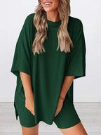 Full Size Oversized Slit Round Neck Top and Shorts Lounge Set Plus Size - LoveNest Treasures