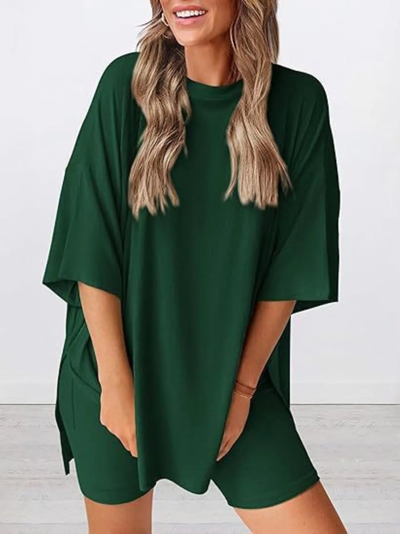 Full Size Oversized Slit Round Neck Top and Shorts Lounge Set Plus Size - LoveNest Treasures