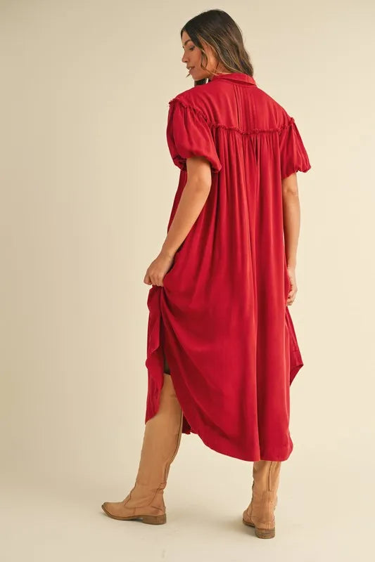 Annie Wear Mineral Washed Button Down Puff Sleeve Shirt Dress - LoveNest Treasures
