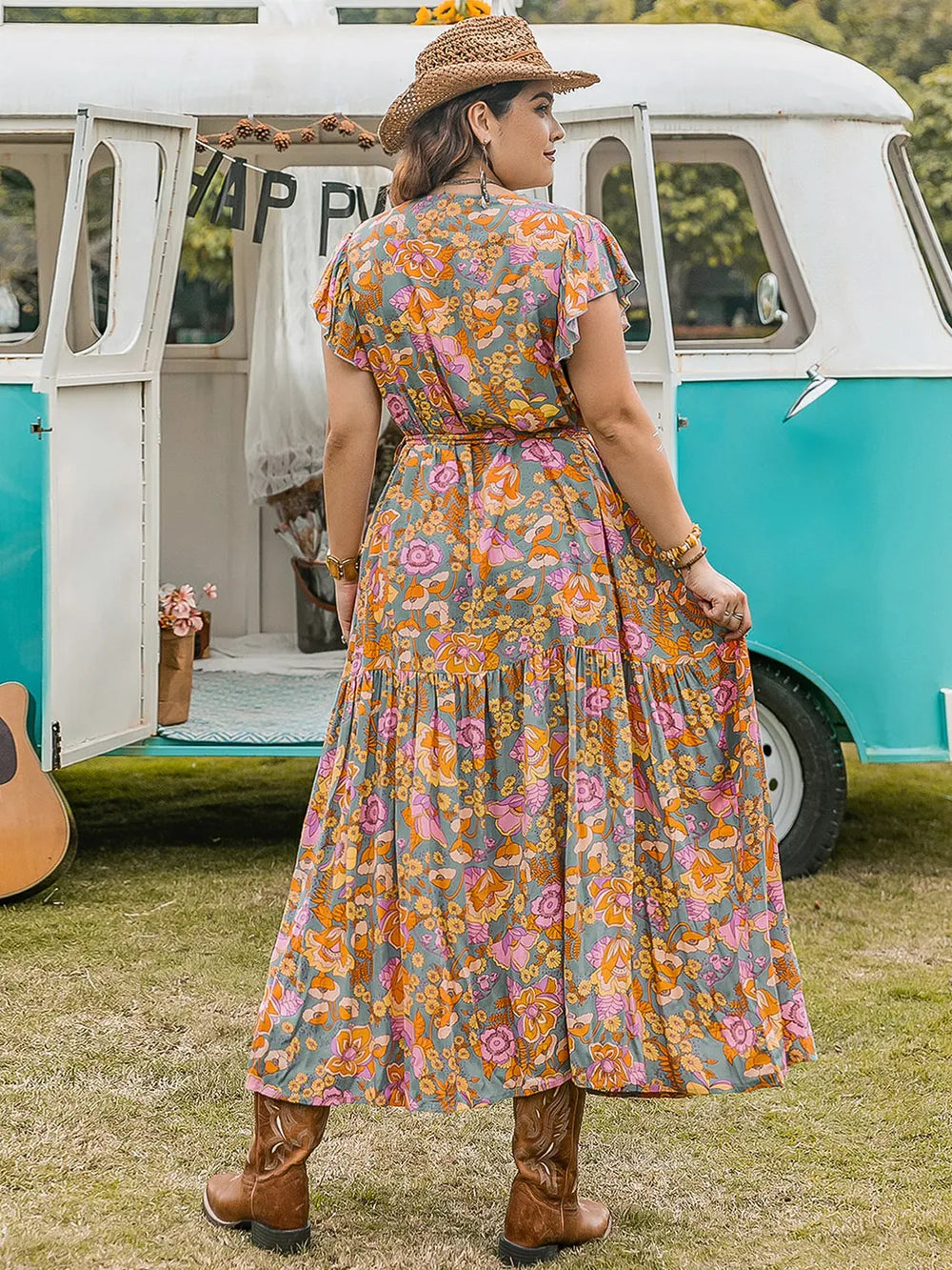Plus Size Ruffled Printed Cap Sleeve Dress - LoveNest Treasures