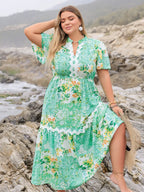 Plus Size Printed Notched Short Sleeve Maxi Dress - LoveNest Treasures