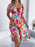 Ruffled Hem Smocked Floral Short Sleeve Midi Dress - LoveNest Treasures