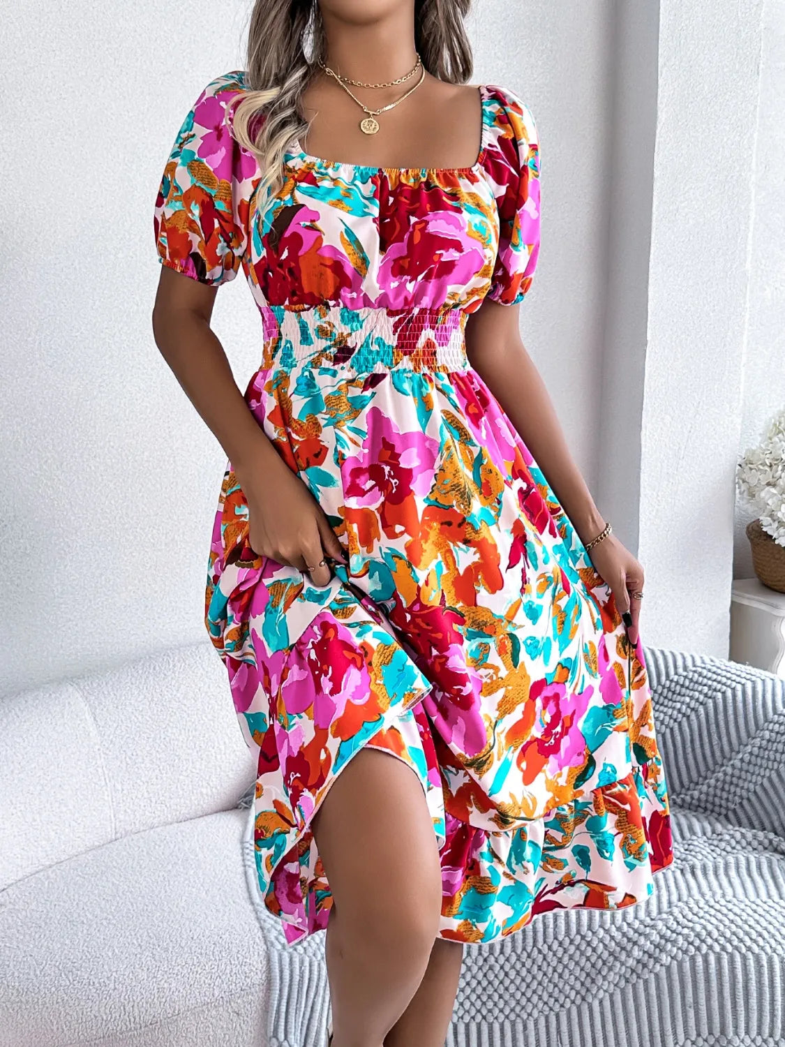 Ruffled Hem Smocked Floral Short Sleeve Midi Dress - LoveNest Treasures
