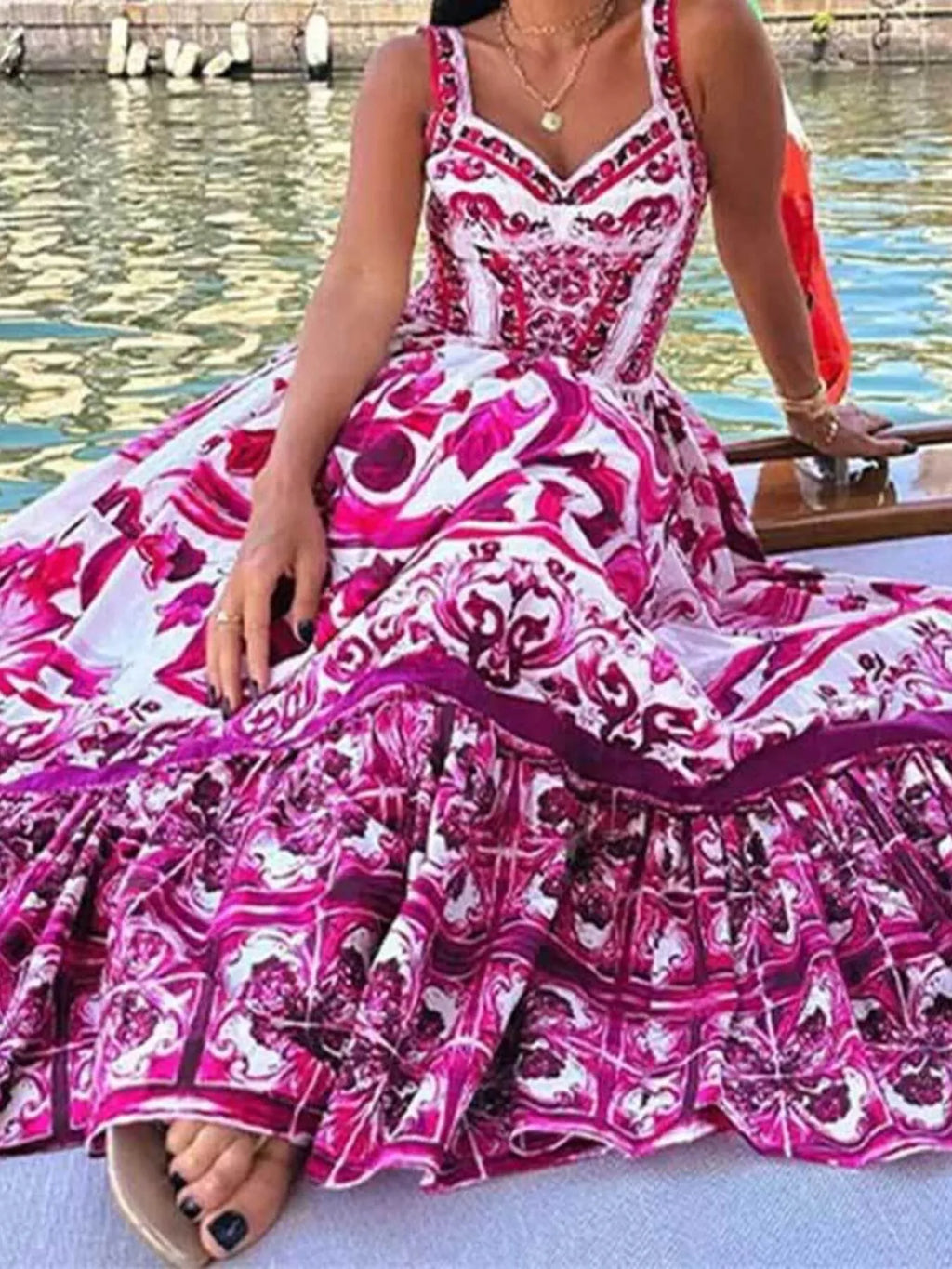 Full Size Printed Sweetheart Neck Maxi Cami Dress Plus Size - LoveNest Treasures
