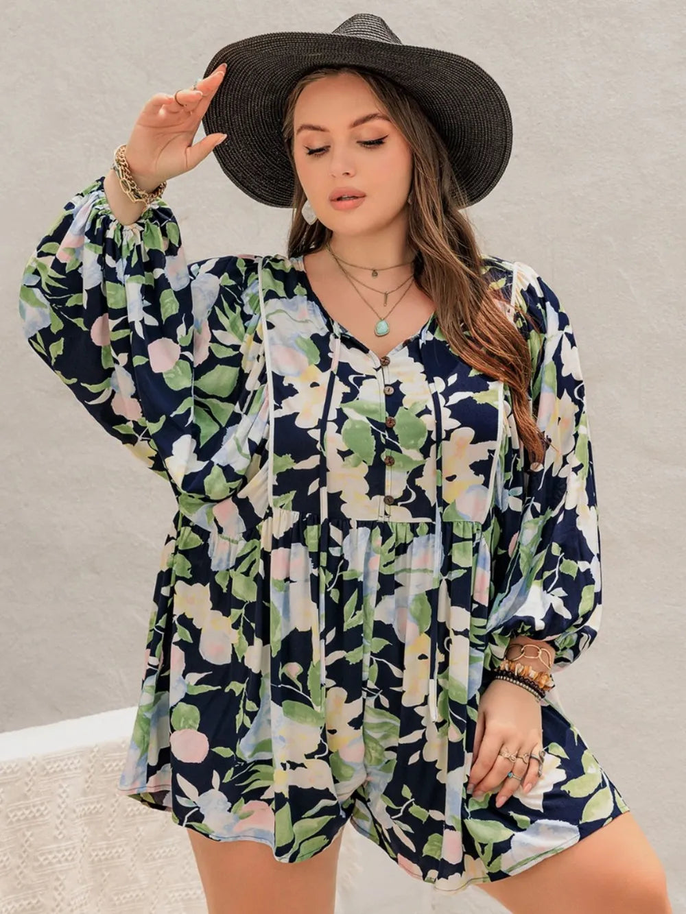 Plus Size Tied Printed Long Sleeve Romper - LoveNest Treasures