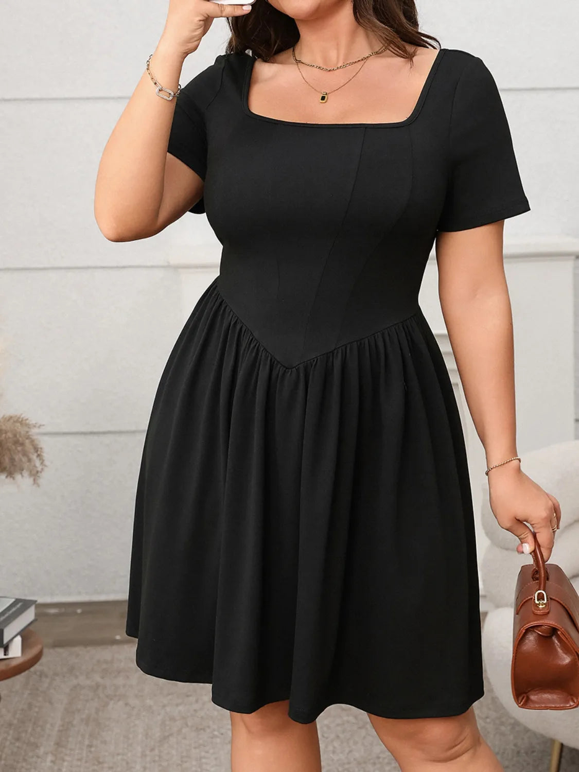 Plus Size Square Neck Short Sleeve Mini Dress - LoveNest Treasures