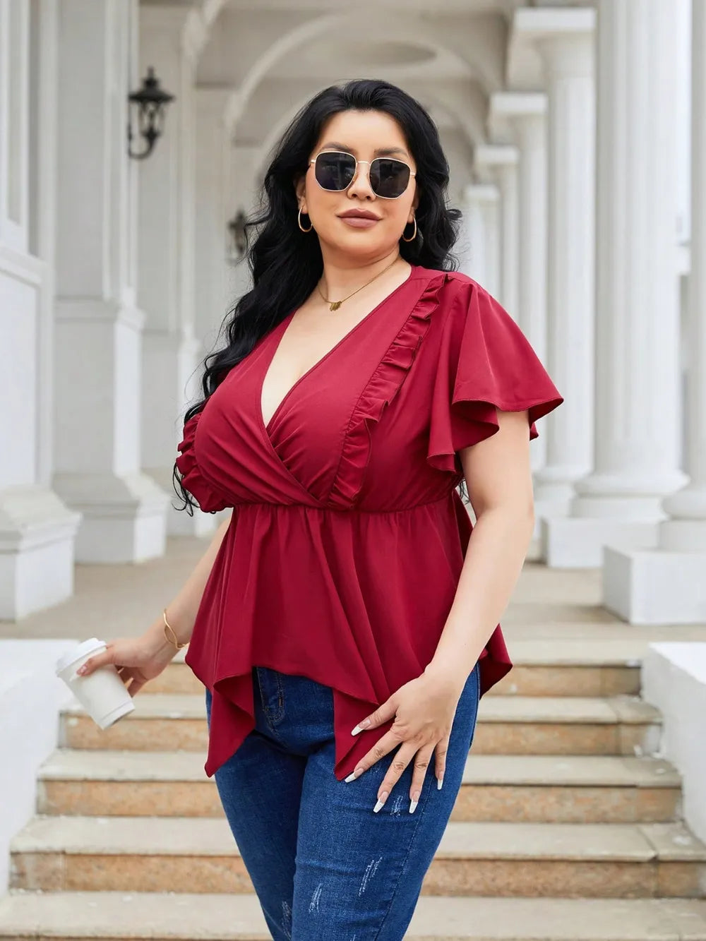 Plus Size Frill Surplice Flutter Sleeve Blouse - LoveNest Treasures