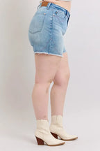 Judy Blue Full Size High Waist Western Embroidery Detail Cut Off Denim Shorts Plus Size - LoveNest Treasures
