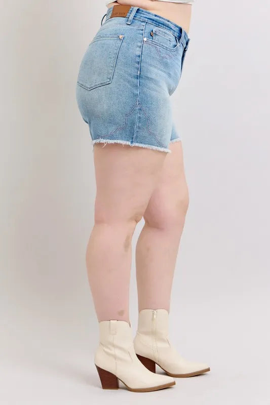 Judy Blue Full Size High Waist Western Embroidery Detail Cut Off Denim Shorts Plus Size - LoveNest Treasures