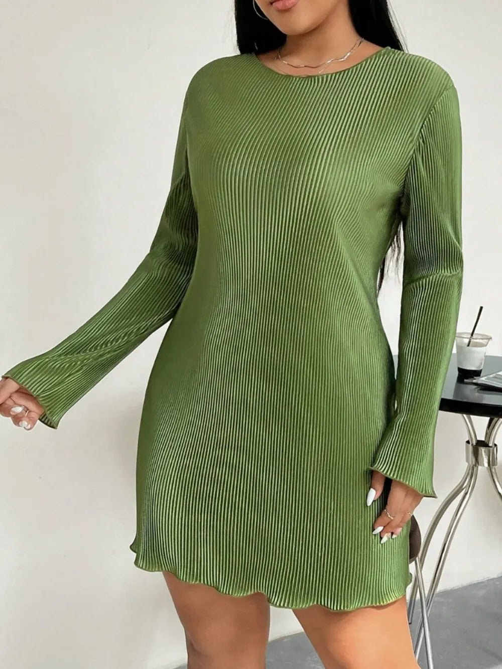 Honey Plus Size Lettuce Hem Round Neck Long Sleeve Dress - LoveNest Treasures