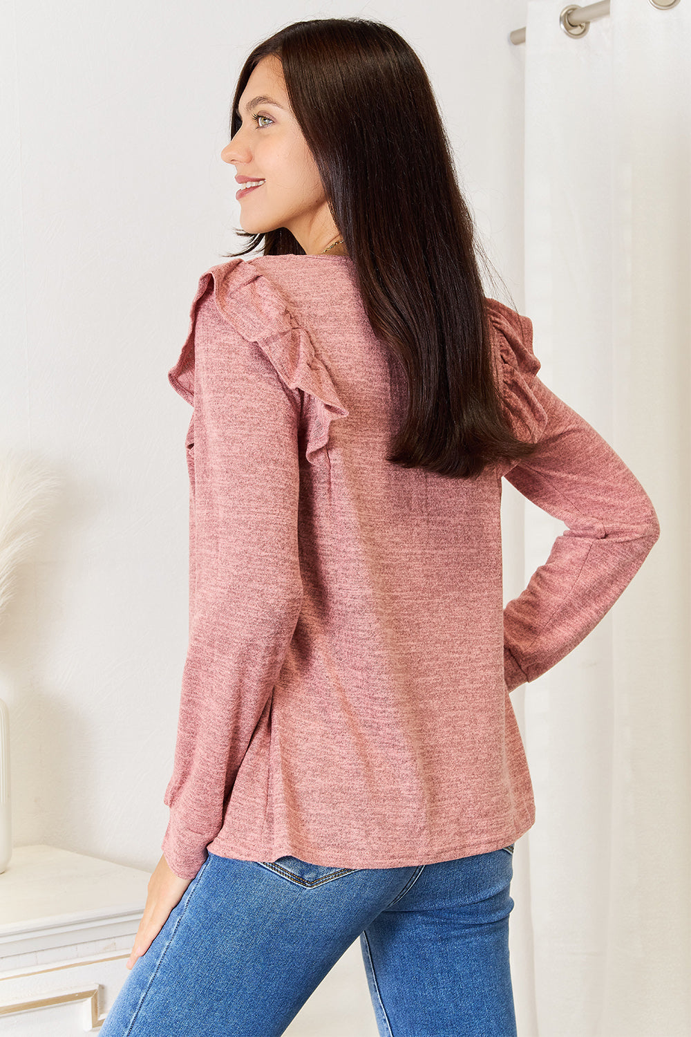 Double Take Square Neck Ruffle Shoulder Long Sleeve T-Shirt - LoveNest Treasures