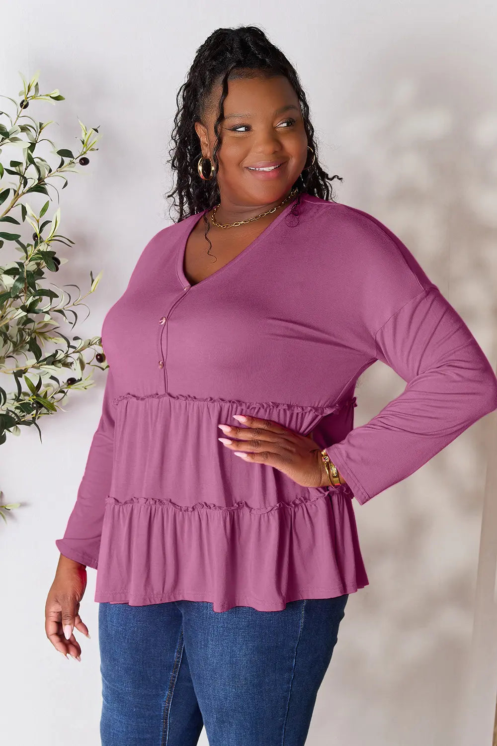 Double Take Half Button Long Sleeve Ruffle Hem Blouse - LoveNest Treasures