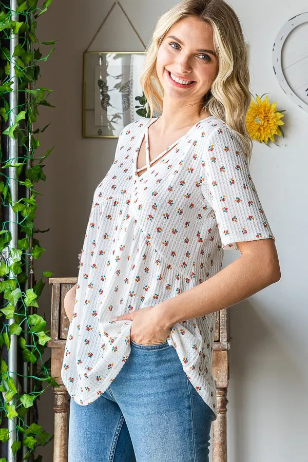Heimish Full Size Crisscross Ditsy Floral Babydoll Top Plus Size - LoveNest Treasures