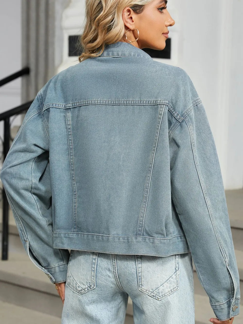 Rhinestone & Peal Trim Button Down Long Sleeve Denim Jacket - LoveNest Treasures