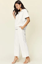 Double Take Full Size Texture Half Zip Short Sleeve Top and Pants Set - LoveNest Treasures