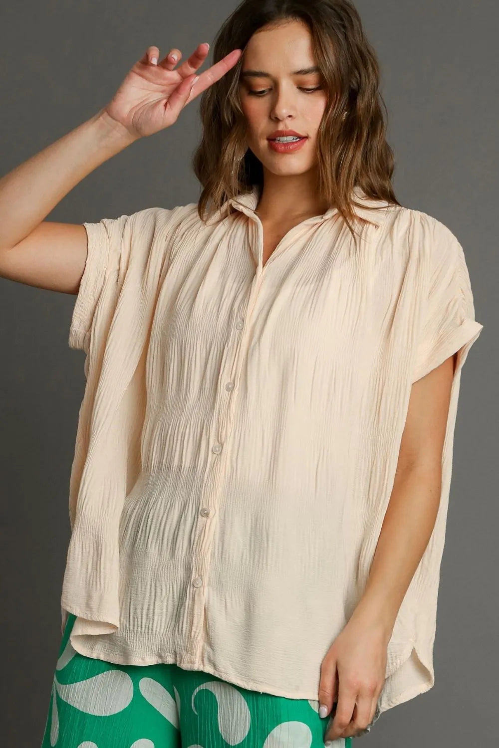 Umgee Full Size Textured Button Down Short Sleeve Shirt Plus Size - LoveNest Treasures