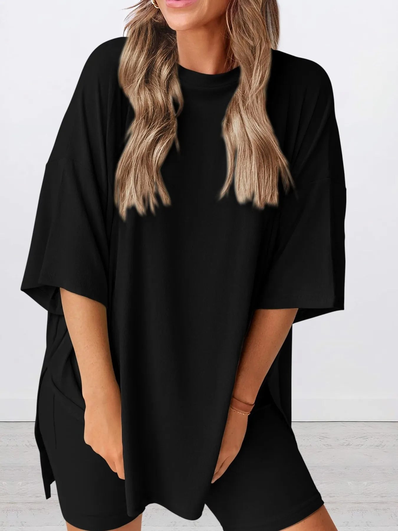 Full Size Oversized Round Neck Top and Shorts Set Plus Size - LoveNest Treasures
