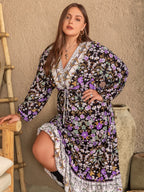 Plus Size V-Neck Balloon Sleeve Printed Midi Dress - LoveNest Treasures