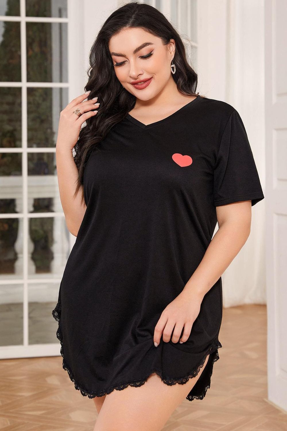 Plus Size Lace Trim V-Neck Short Sleeve Night Dress - LoveNest Treasures