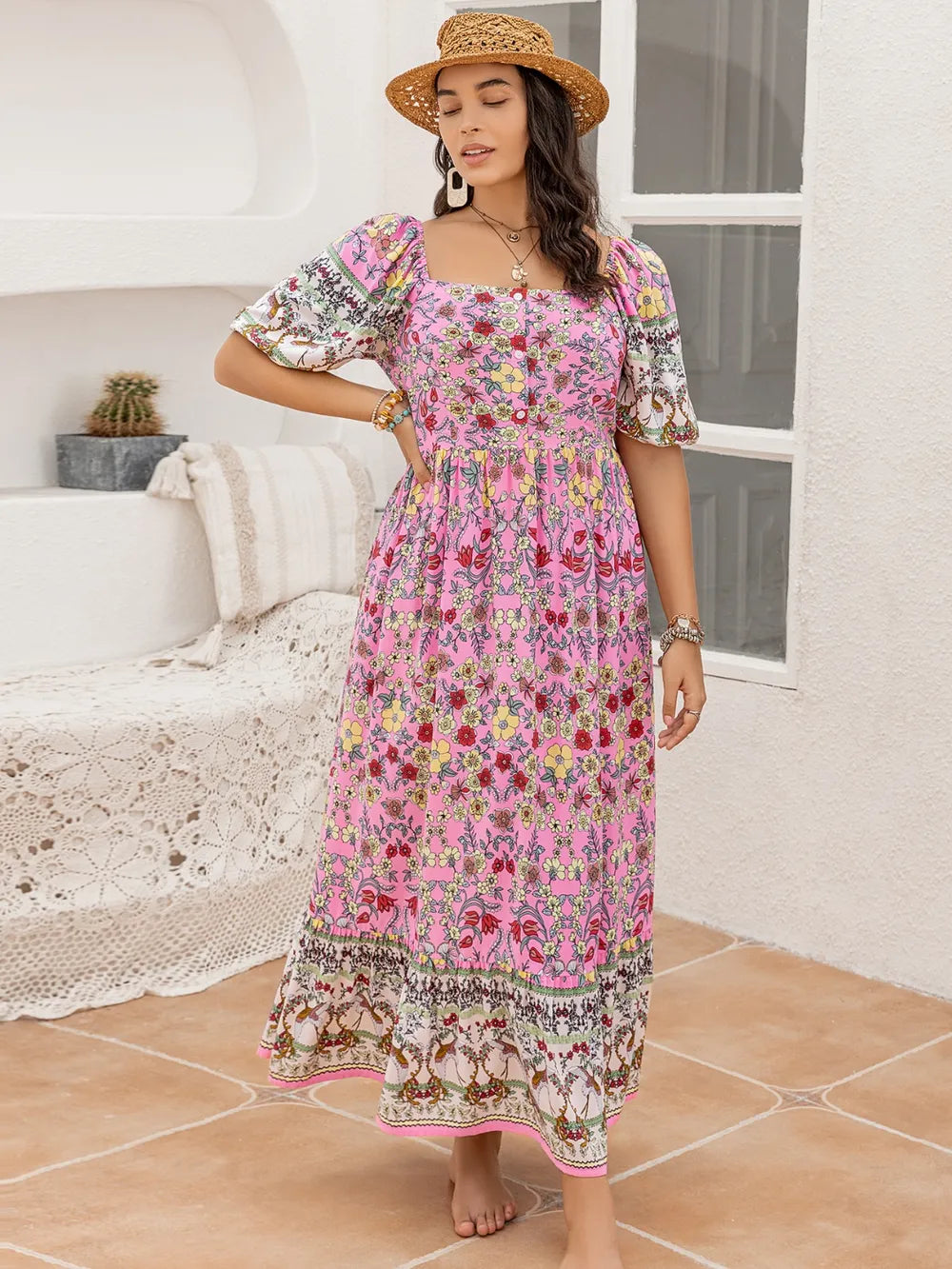 Plus Size Printed Square Neck Ruffle Hem Dress - LoveNest Treasures
