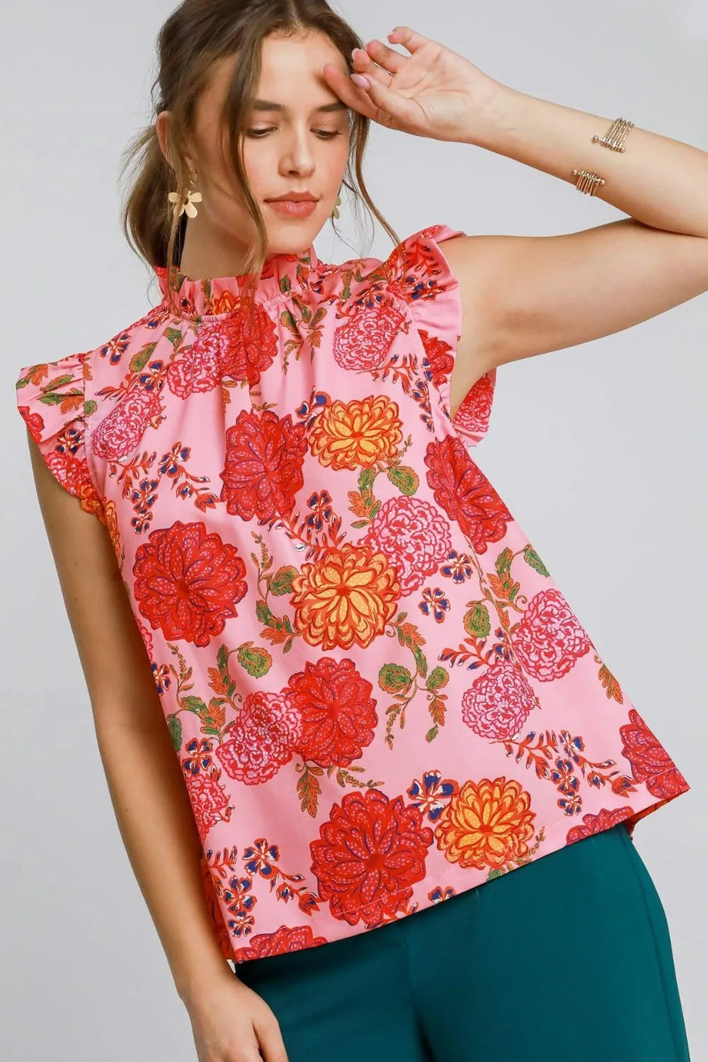 Umgee Full Size Floral Print Ruffled Cap Sleeve Blouse Plus Size - LoveNest Treasures