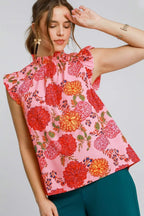 Umgee Full Size Floral Print Ruffled Cap Sleeve Blouse Plus Size - LoveNest Treasures