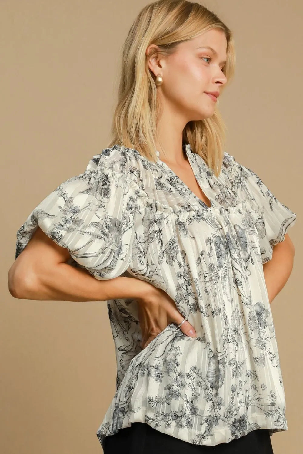 Umgee Full Size Floral Print Metallic Ruffle Blouse Plus Size - LoveNest Treasures